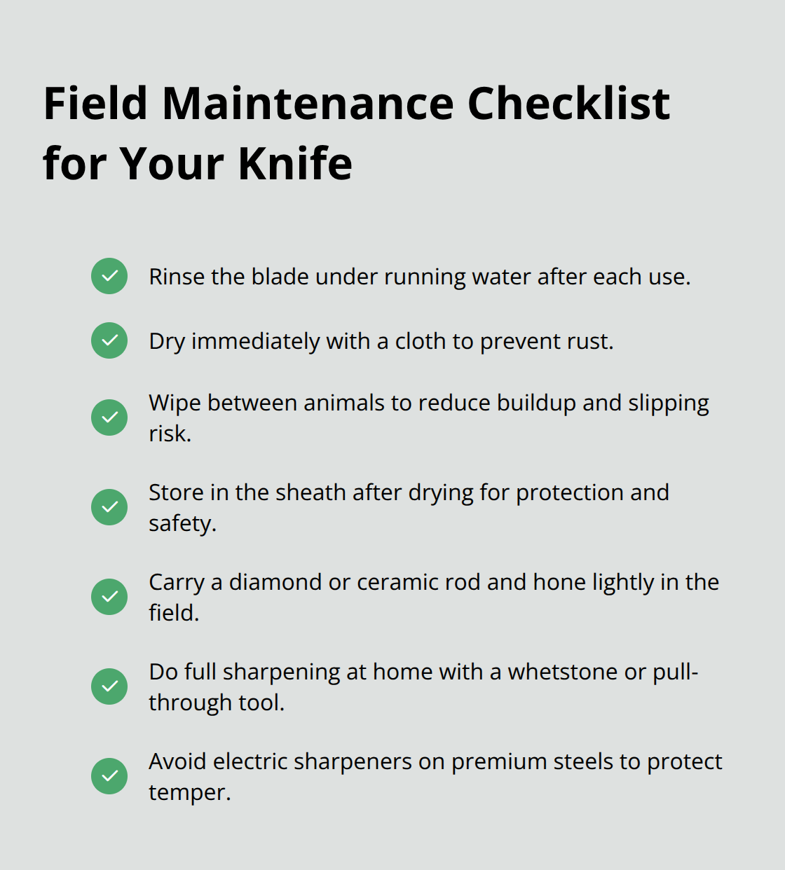 Quick checklist for cleaning, drying, honing, and safe sharpening practices - best field dressing knife